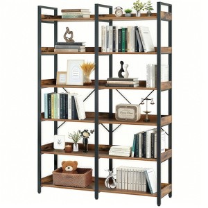 Vynxaria Industrial 6-Tier 67" Bookshelf  12 Open Shelves, Freestanding Metal Frame, Edge Guards, X-Reinforcement, Brown - 1 of 4