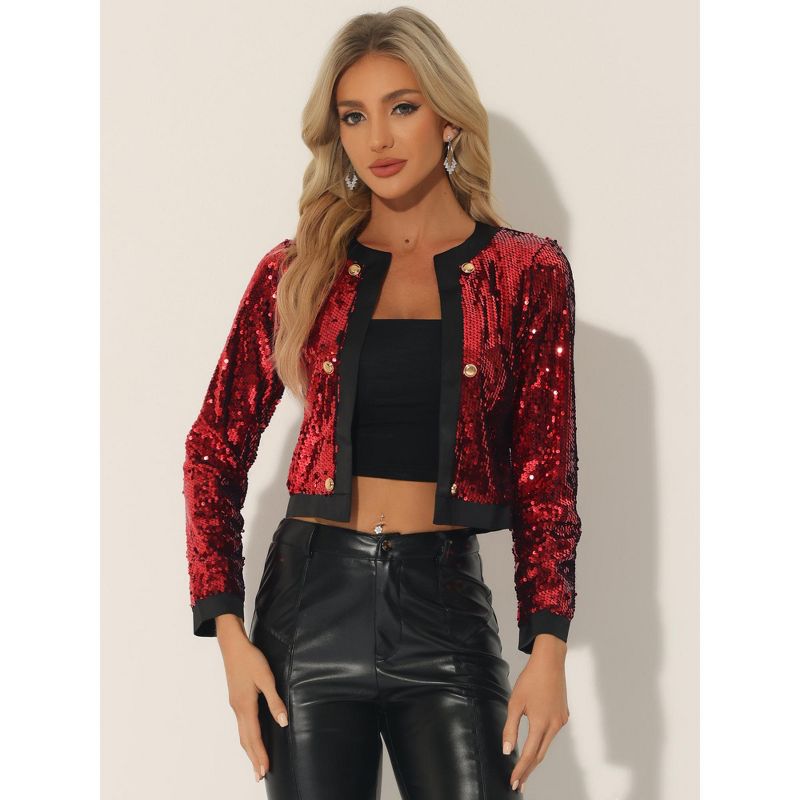 Allegra K Women's Party Sparkly Sequin Cropped Jacket, 3 of 6