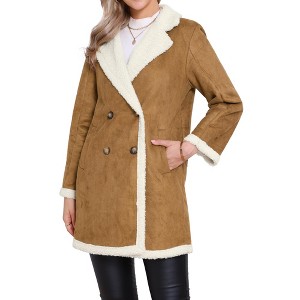 INSPIRE CHIC Women's Faux Shearling Double Breast Lapel Fleece Long Casual Faux Fur Jackets with Pockets - 1 of 4