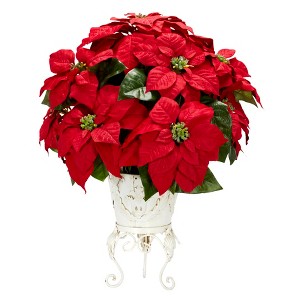 Nearly Natural Poinsettia with Metal Planter Artificial Flower Arrangement - 1 of 2