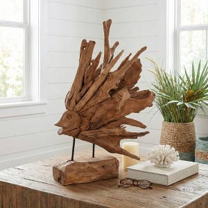 Teak Wood Fish on Stand Sculpture for Home Decor - Coastal Wooden ...