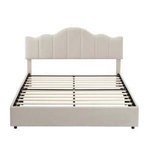 VECELO Queen/Full Size Platform Bed Frame with Type-C & USB Charging Stations and 4 Storage Drawers, Upholstered Adjustable Headboard, Beige - 1 of 4
