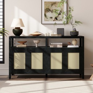 Boho Rattan Sideboard Buffet Cabinet, Solid Wood Frame Accent Storage Cabinet with Push-to-Open Doors and Adjustable Shelf - Panipeachy - 1 of 4