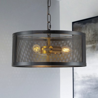 ALOADECOR 14 in. 3-Light Industrial Drum Chandelier Farmhouse Lantern Pendant Light with Matte Black Open Cage Shade