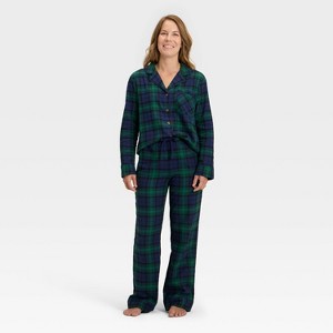 Women's Plaid Flannel Long Sleeve Shirt and Pants Holiday Matching Family Pajama Set - Wondershop™ Navy Blue - 1 of 4