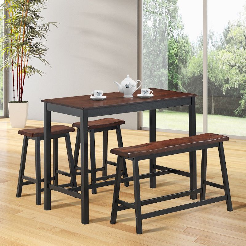 Costway 4 Pcs Solid Wood Counter Height Table Set w/ Height Bench & Two Saddle Stools Brown, 4 of 7