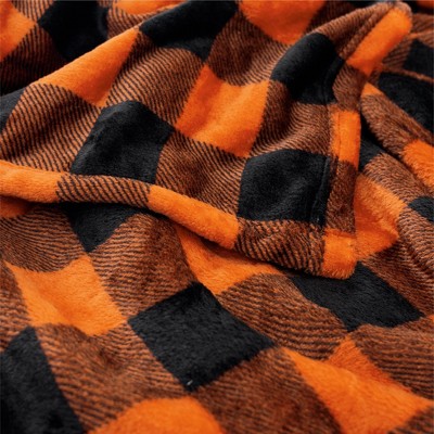 Orange and Black Buffalo Plaid Fleece Throw Blanket