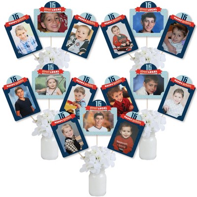 Big Dot of Happiness Boy 16th Birthday - Sweet Sixteen Birthday Party Picture Centerpiece Sticks - Photo Table Toppers - 15 Pieces