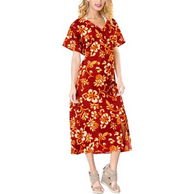 LA LEELA Women's Beachwear Swimsuit Coverups for Women Summer Cover Ups for Swimwear Button Up Beach Dress Night T Shirt for Women L-XL Red, Floral