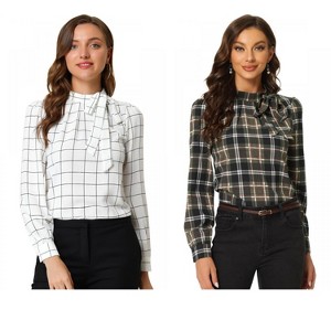 INSPIRE CHIC Women's Bow Tie Neck Keyhole Back Grid Checks Office Work Blouses 2 Packs - 1 of 4