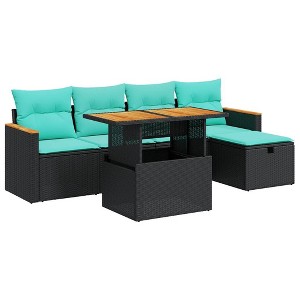vidaXL 6 Piece Patio Sofa Set with Cushions Black Poly Rattan Acacia - 1 of 4