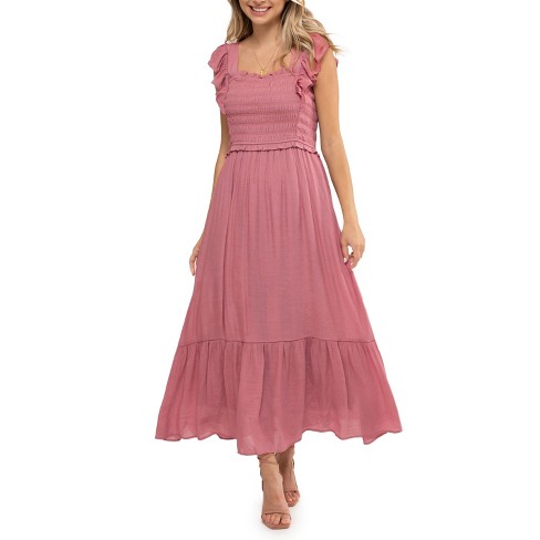 August Sky Women's Smocked Bodice Midi Dress, Pink Medium : Target