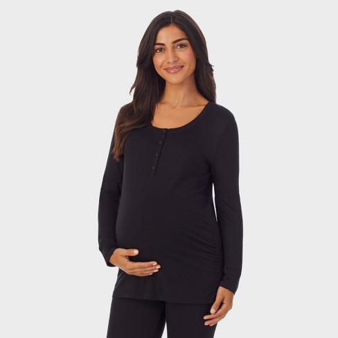 Warm Essentials By Cuddl Duds Smooth Stretch Thermal Maternity Henley Top -  Black : Target