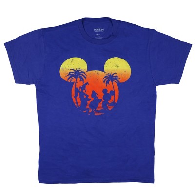 Seven Times Six Disney Men's Mickey Mouse Donald Duck and Goofy Tropical Sunset Tee Blue
