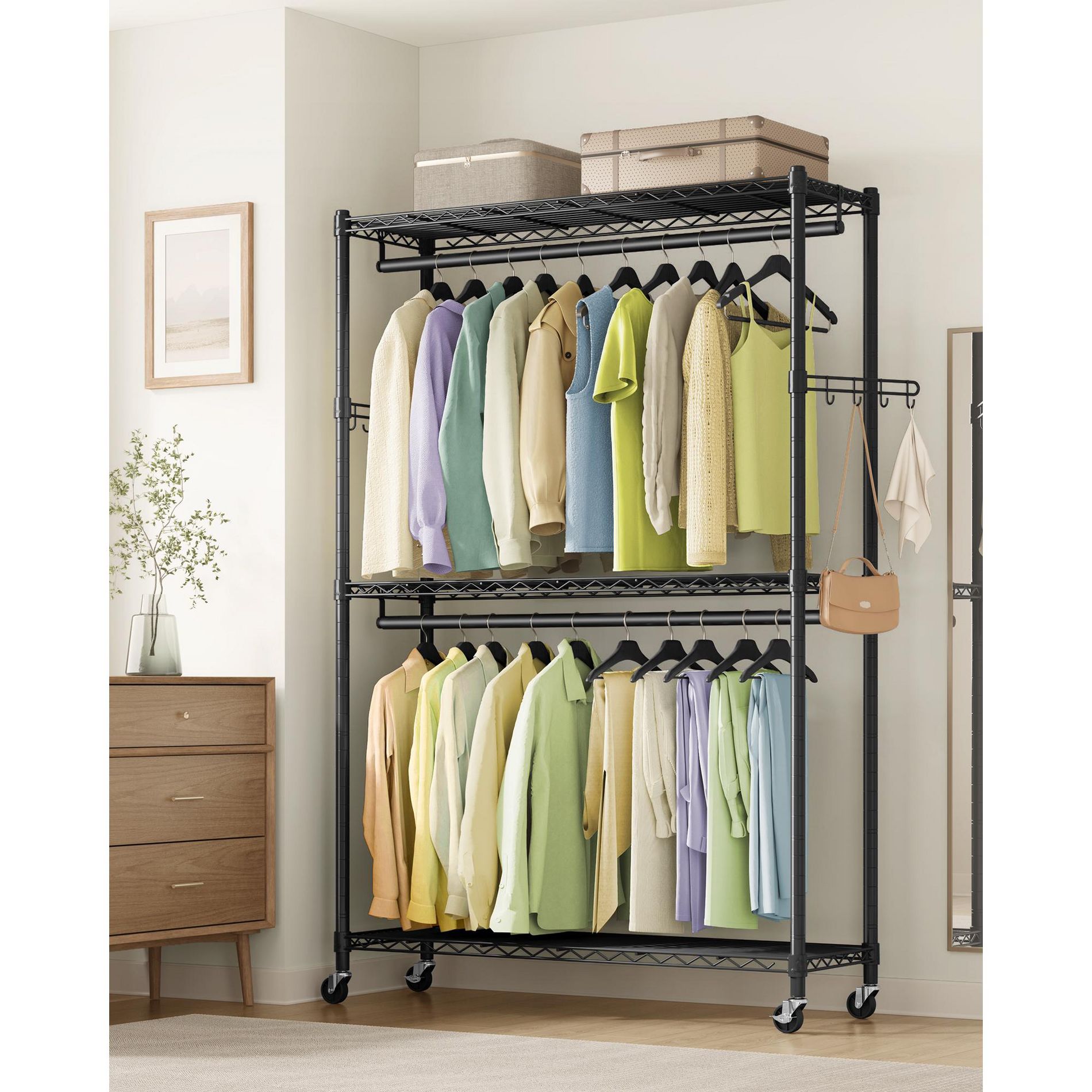 SONGMICS Garment Rack, Heavy-Duty Rolling Clothes Rack, Portable Closet Rack, 43.3-Inch Wide Clothing Rack on Wheels, Ink Black