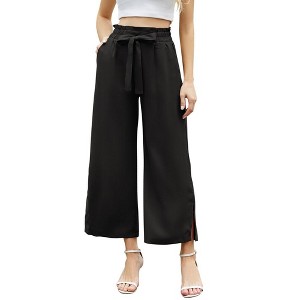 Women's Wide Leg Pants Elastic High Waisted Lightweight Palazzo Pants with Pockets Tie Casual Summer Pants - 1 of 4