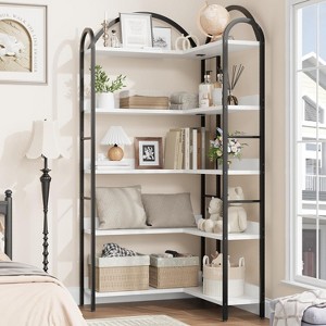 L Shaped 5 Tier Corner Bookshelf, Industrial Arched Bookcase with Metal Frame - 1 of 4