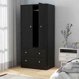 Angel Sar 66'' H Fluted Wardrobe, Contemporary Clothing Storage Cabinet with Gold Handles, Black - 1 of 4