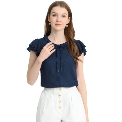 Allegra K Women's Ruffle Sleeve Tie Neck Button Front Flounce Neck Cotton Work Blouse