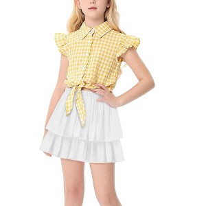 Girls Tops and Skirts Set Tie Front Knot Plaid Tops with Ruffle Skirts Short Sleeve Button Down Shirts Co-ords for Gilr,Toddler - 1 of 4