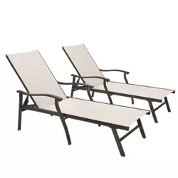 2pc Outdoor Aluminum Adjustable Chaise Lounge Chairs with Arms - Beige - Crestlive Products
