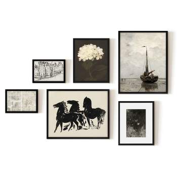Americanflat 6 Piece Vintage Gallery Wall Art Set - Black Horses, Beached Fishing Boat, White Hydrangea, Butterfly Etching by Maple + Oak