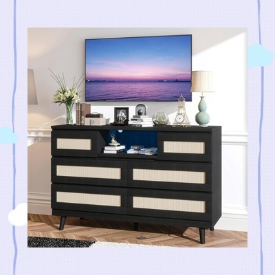 Garvee Modern Rattan Dresser with LED Lighting & Charging Station - 6 Drawer Storage Cabinet