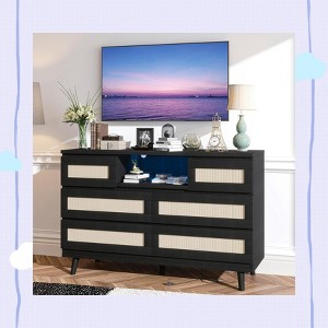 Garvee Modern Rattan Dresser with LED Lighting & Charging Station - 6 Drawer Storage Cabinet - 1 of 4