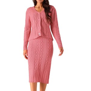 Seta T Women's Two Piece Outfit Fall Winter V Neck Cardigan And Midi Skirts Sweater Sets - 1 of 4