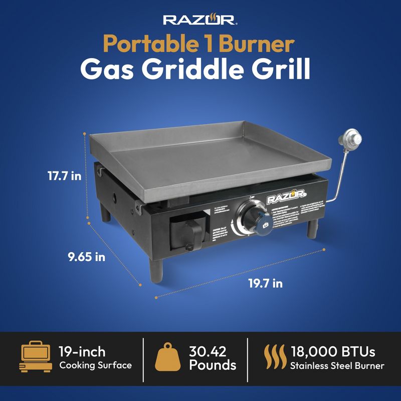 Razor Griddle GGT2160M 19 Inch Outdoor 1 Burner Portable LP Propane Gas Grill Griddle with Push Ignition for BBQ Cooking and Frying, Black, 4 of 8
