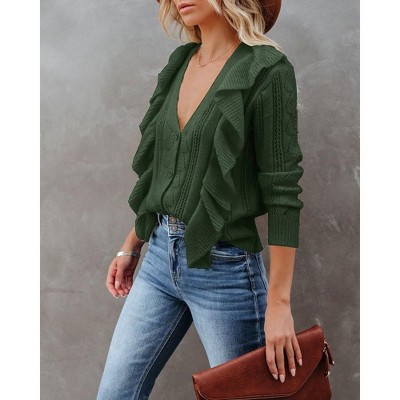 Womens V Neck Button Down Sweaters Tops Casual Long Sleeve Ruffle Knit Cardigan