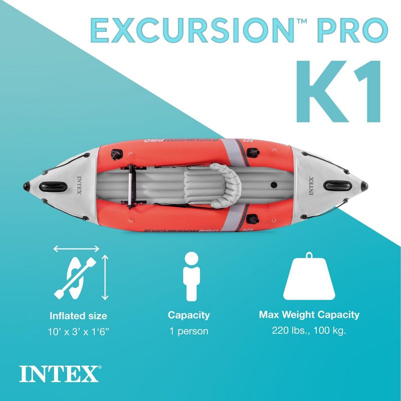 Intex 68303EP Excursion Pro K1 Single Person Inflatable Vinyl Fishing Kayak Set with Aluminum Oar and High Output Pump - Red, 2 of 7