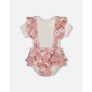 Deux par Deux Girl Printed Muslin Short and Organic Cotton Bodysuit Set Pink and White Flowers - 1 of 4