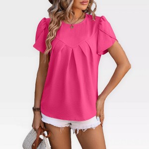 Womens Casual Tops Yoke Front Pleated Shirts with Flutter Sleeve Back Keyhole Short Sleeve Blouse Summer Tops - 1 of 4