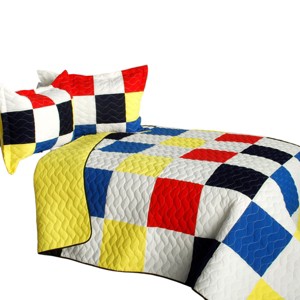 Slickblue Full/Queen 3 PC Quilt Set, Vermicelli-Quilted TC Fabric, Plaid Design, 13 Color Options, 90.5"x90.5" - 1 of 4