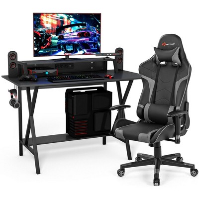 Costway Gaming Computer Desk&Massage Gaming Chair Set w/Monitor Shelf Power Strip