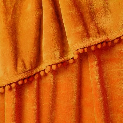 Twin Orange Fleece Pom Pom Fringe Blanket
