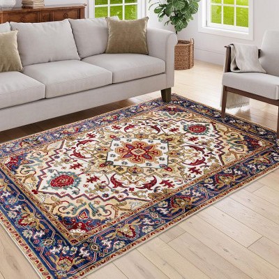 Kumasinova Vintage Boho Area Rug, Washable Rug with Floral Pattern, Faux Cashmere Living Room Rug, Non-Slip Rugs, Stain-Resistant Door Mat