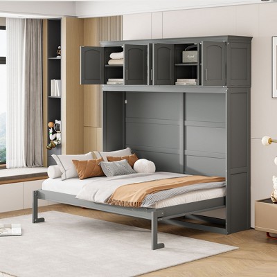 NicBex Full Size Murphy Bed 83.2" Wooden Bed Frame Morden Hideaway Wall Bed with 3 Storage Cabinets for Apartment