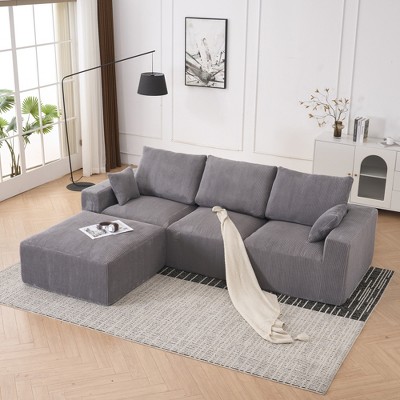 113'' Corduroy L-Shaped Modular Boneless Modern Lounge Sectional Sofa with Chaise, Movable Ottoman, Compression Upholstered and No Assembly