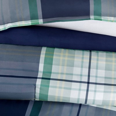 Queen Green and Blue Microfiber Plaid 7-Piece Bedding Set