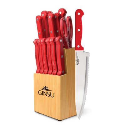 Ginsu Kiso Dishwasher Safe 14pc Knife Block Set Natural with Red Handles