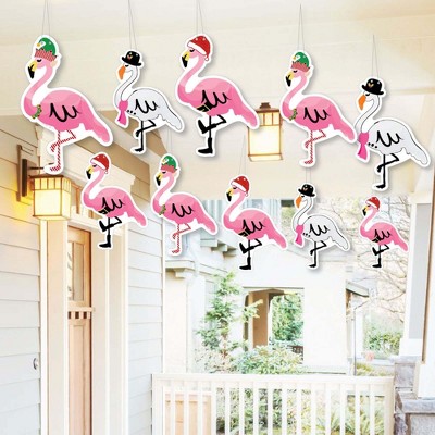 Big Dot of Happiness Hanging Flamingle Bells - Outdoor Tropical Christmas Party Hanging Porch and Tree Yard Decorations - 10 Pc