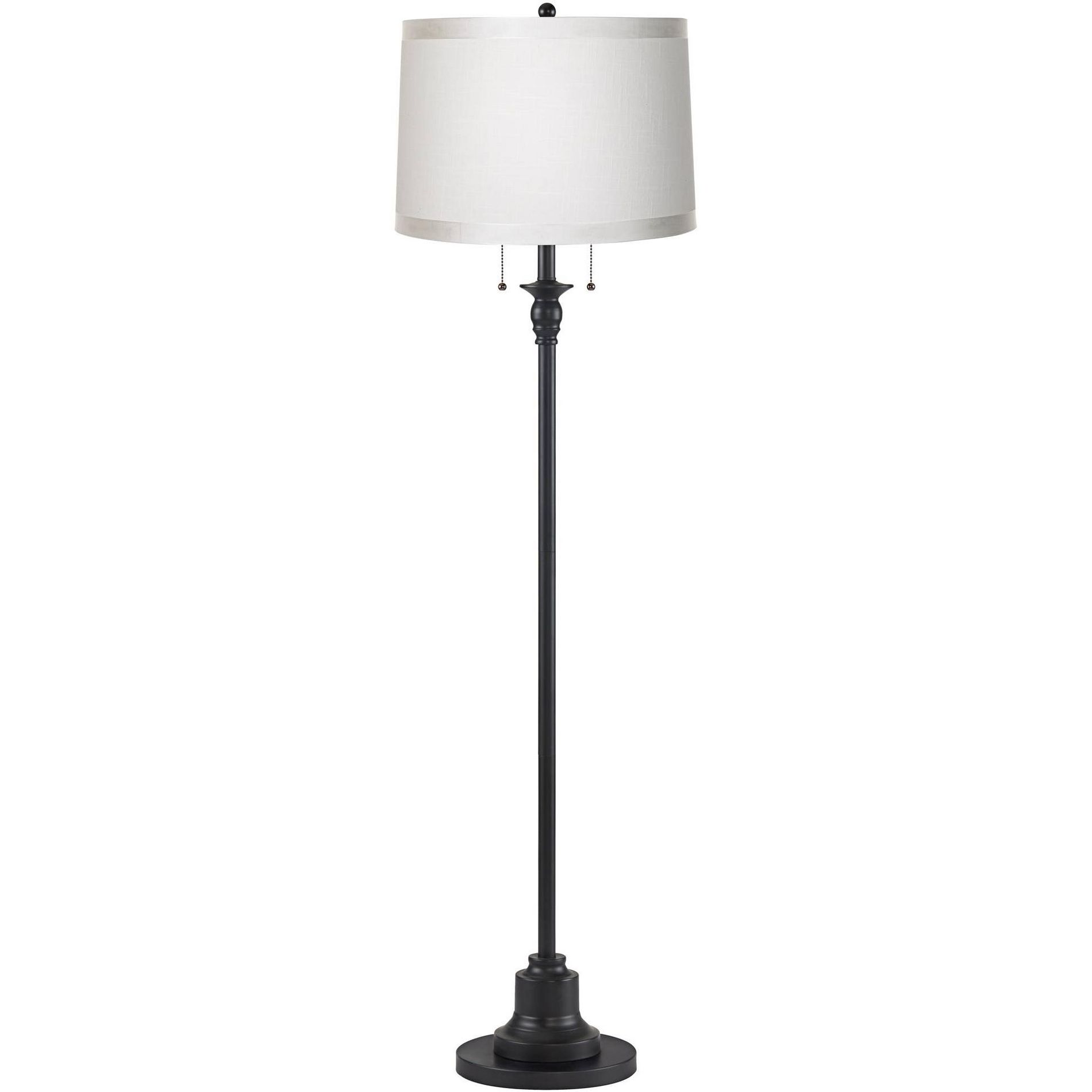 360 Lighting Dyna Traditional 58" Tall 2-Light Standing Floor Lamp Skinny Pole Pull Chain Black Finish Living Room Bedroom Drum White Grosgrain Shade