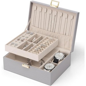 2-Layer Jewelry Box with Removable Tray, Large Cream White Organizer for Necklaces, Earrings, Rings, Gift for Women - 1 of 4