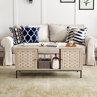 Gulches Elegant Veneer Weaving Coffee Table - 4 Sliding Doors, Symmetrical Storage Cabinet, Metal Legs, Rectangular Wooden Center Table