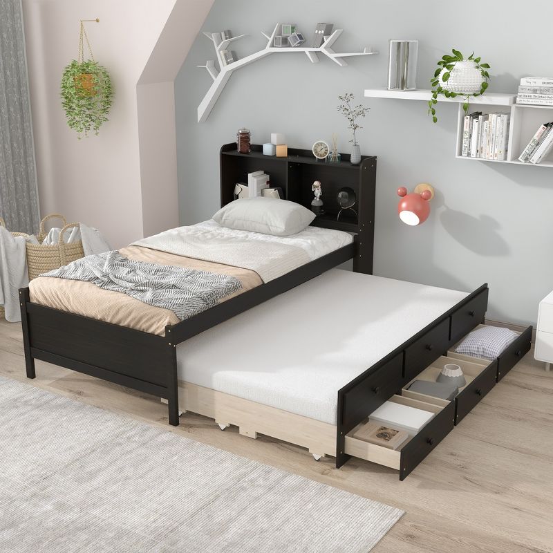 Full/Twin Size Platform Bed with Bookcase Headboard, Twin Size Trundle Bed and Drawers-ModernLuxe, 2 of 9