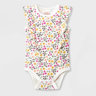 Baby Girls' Floral Ruffle Short Sleeve Bodysuit - Cat & Jack™ Cream 3-6M