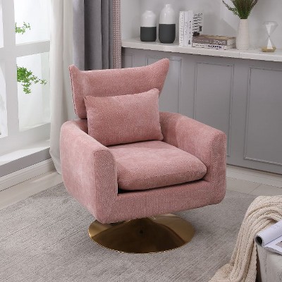 CAVINAS Classic Mid-Century Swivel Accent Chair with Curved Backrest, Upholstered 360-Degree Barrel Chair with Gold Metal Base