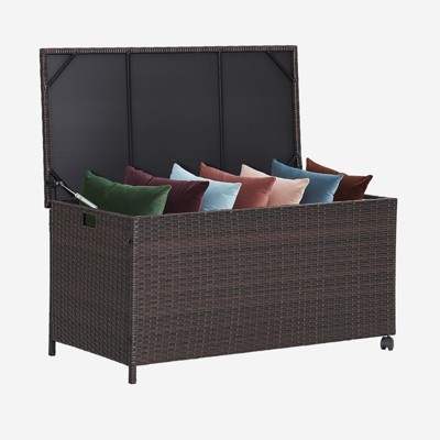 Tangkula Outdoor 50 Gallon Wicker Storage Box PE Rattan Storage Container with Lid Deck&Waterproof Liner Mix Brown